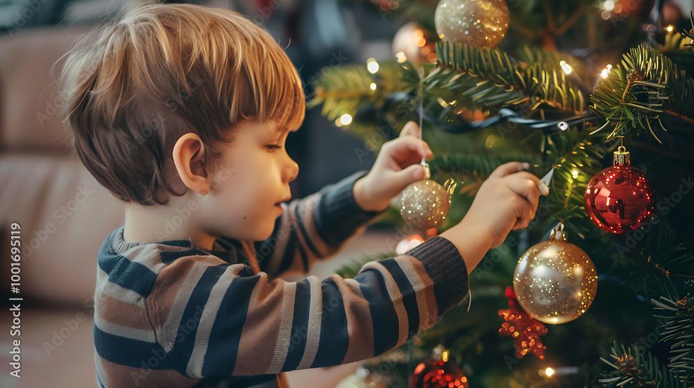 a little boy decorating Christmas tree at home. Merry Christmas and Happy Holidays! a little boy decorating Christmas tree at home. Merry Christmas and Happy Holidays!
