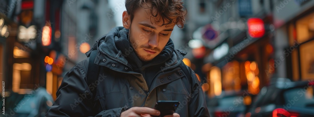 Young man using a smartphone on a city street. Bright lighting, casual atmosphere. Young man using a smartphone on a city street. Bright lighting, casual atmosphere.