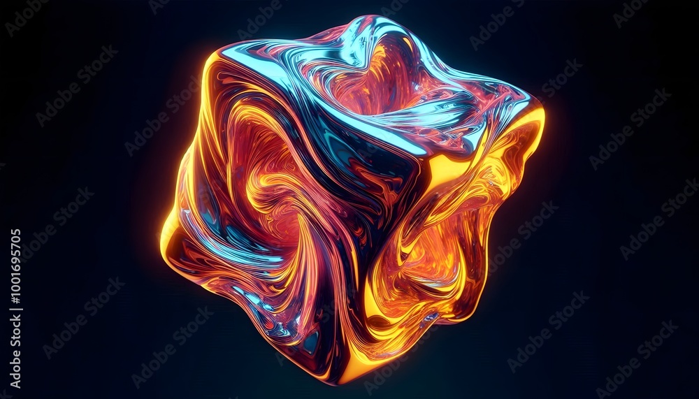The abstract shape of a melting gold cube on a dark background The abstract shape of a melting gold cube on a dark background