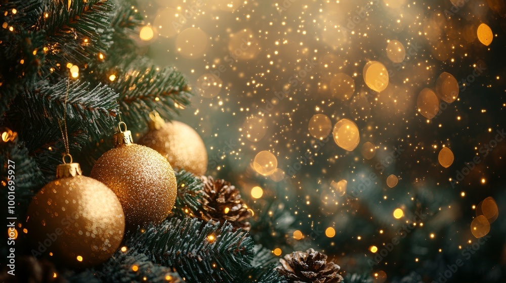 Christmas and New Year holidays background. Christmas tree with golden baubles and lights bokeh background. Space for text. Copy space. Greeting card. Christmas and New Year holidays background. Christmas tree with golden baubles and lights bokeh background. Space for text. Copy space. Greeting card.