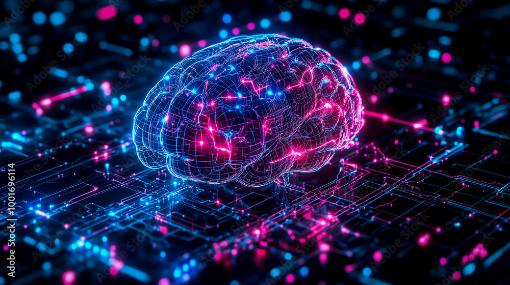 glowing digital brain with interconnected neural pathways, illuminated by vibrant blue and pink lights - artificial intelligence concept