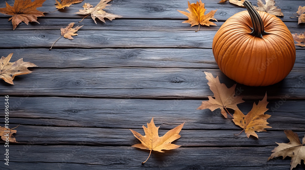 A rustic autumn scene with dry leaves and a pumpkin on a dark wooden surface. Perfect for Thanksgiving or fall decorations. A rustic autumn scene with dry leaves and a pumpkin on a dark wooden surface. Perfect for Thanksgiving or fall decorations.