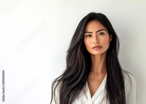 Beautiful Filipina asian woman mid 30s model with long black hair for skincare or hair care ad with space for copy or logo design