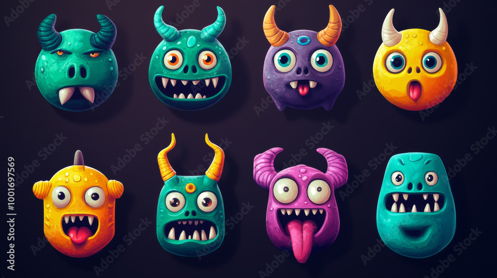 A set of cute monster icons perfect for Halloween! They have funny faces with big eyes, horns, teeth, and tongues. They're colorful and have different poses, like hands up or down. A set of cute monster icons perfect for Halloween! They have funny faces with big eyes, horns, teeth, and tongues. They're colorful and have different poses, like hands up or down.