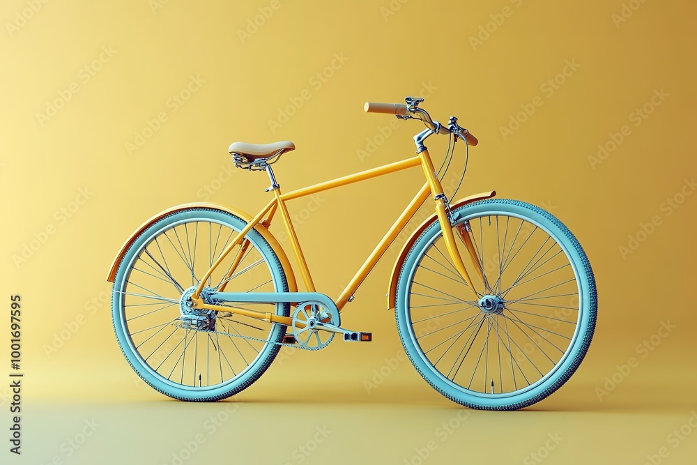 A yellow bicycle with a blue seat and a yellow handlebar A yellow bicycle with a blue seat and a yellow handlebar
