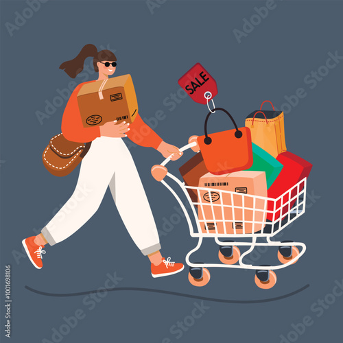 Woman with a cart full of shopping.Cartoon smile girl holds a box in her hands and pushes a carriage in front of her.Packages, bags and tag with  handwritten Sale.Flat color vector illustration.