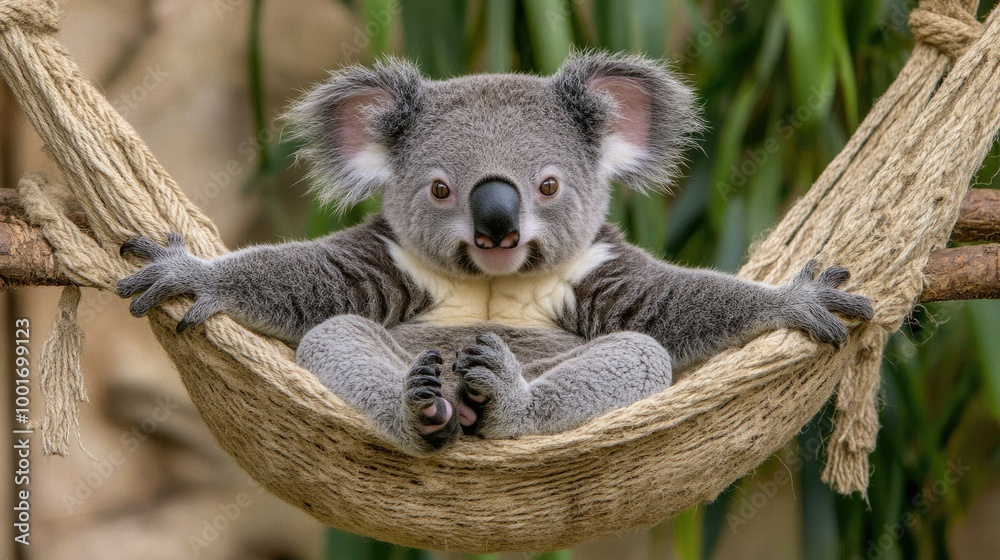 Obraz premium Cute koala relaxing in a cozy hammock at a wildlife sanctuary during a sunny afternoon