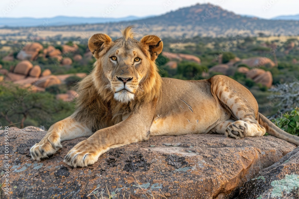 Majestic lion resting on a rock in a tranquil savannah landscape at sunset in Africa Majestic lion resting on a rock in a tranquil savannah landscape at sunset in Africa
