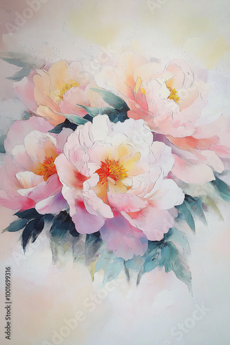 Beautiful watercolor painting of delicate pink peonies, soft floral artwork, elegant botanical illustration, nature inspired, pastel flowers, artistic design concept