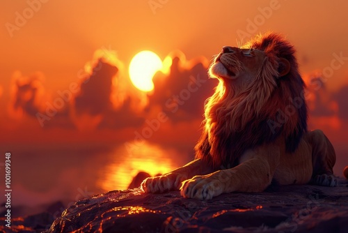 Majestic lion basking in the glow of a vibrant sunset over the tranquil ocean