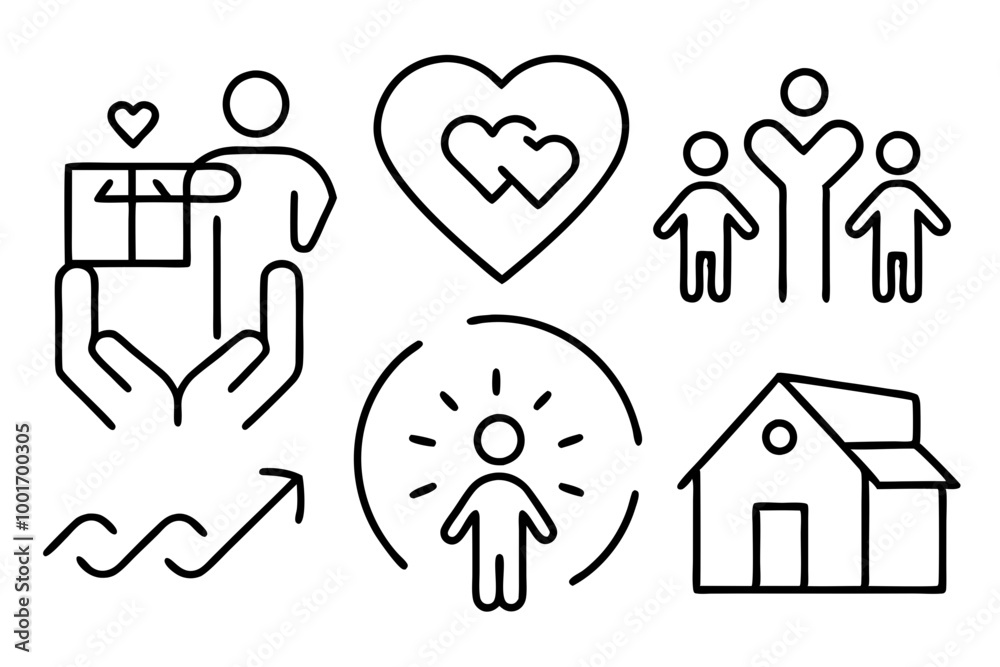 Set of line icons related to charity, donation, social responsibility, friendship, love, Editable stroke. Vector illustration Set of line icons related to charity, donation, social responsibility, friendship, love, Editable stroke. Vector illustration