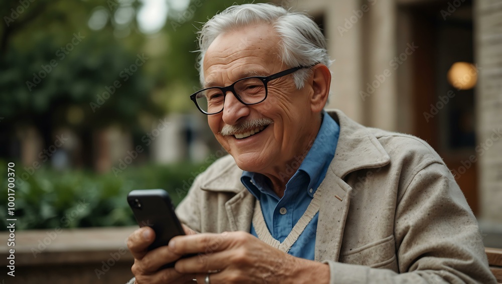 Joyful senior man on a break using his cellphone. Joyful senior man on a break using his cellphone.
