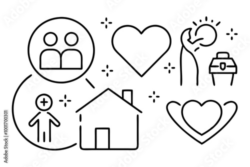 Set of line icons related to charity, donation, social responsibility, friendship, love, Editable stroke. Vector illustration