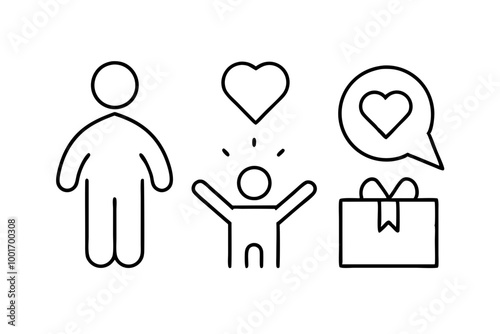 Set of line icons related to charity, donation, social responsibility, friendship, love, Editable stroke. Vector illustration