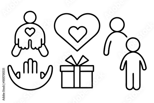 Set of line icons related to charity, donation, social responsibility, friendship, love, Editable stroke. Vector illustration