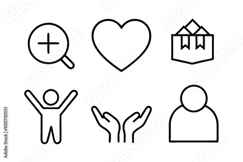 Set of line icons related to charity, donation, social responsibility, friendship, love, Editable stroke. Vector illustration
