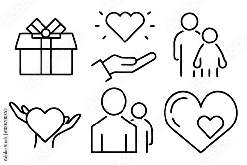 Set of line icons related to charity, donation, social responsibility, friendship, love, Editable stroke. Vector illustration
