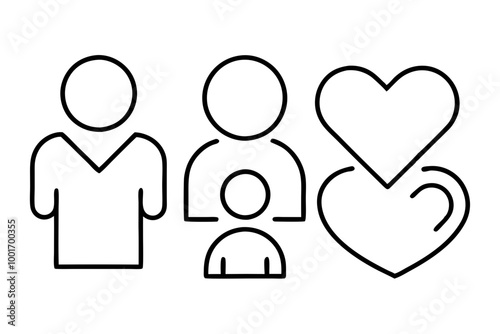 Set of line icons related to charity, donation, social responsibility, friendship, love, Editable stroke. Vector illustration