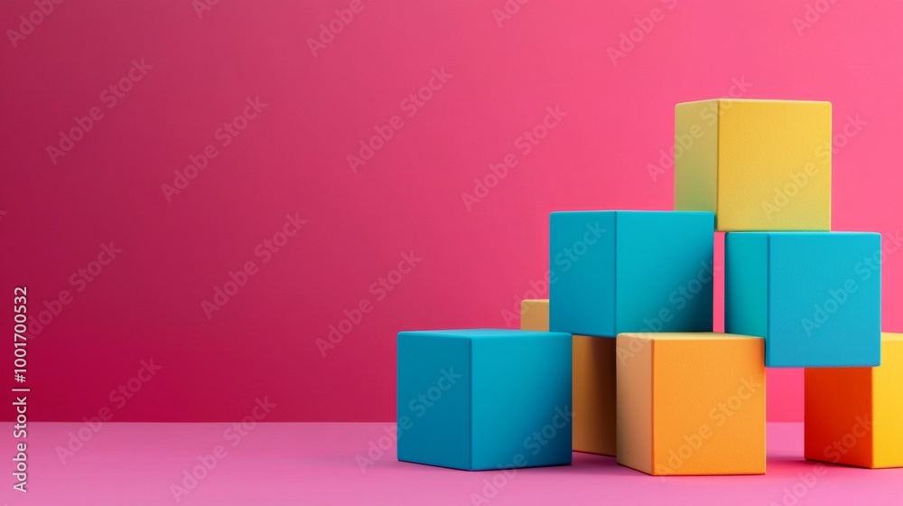 Stacked colorful blocks against a vibrant pink background Stacked colorful blocks against a vibrant pink background