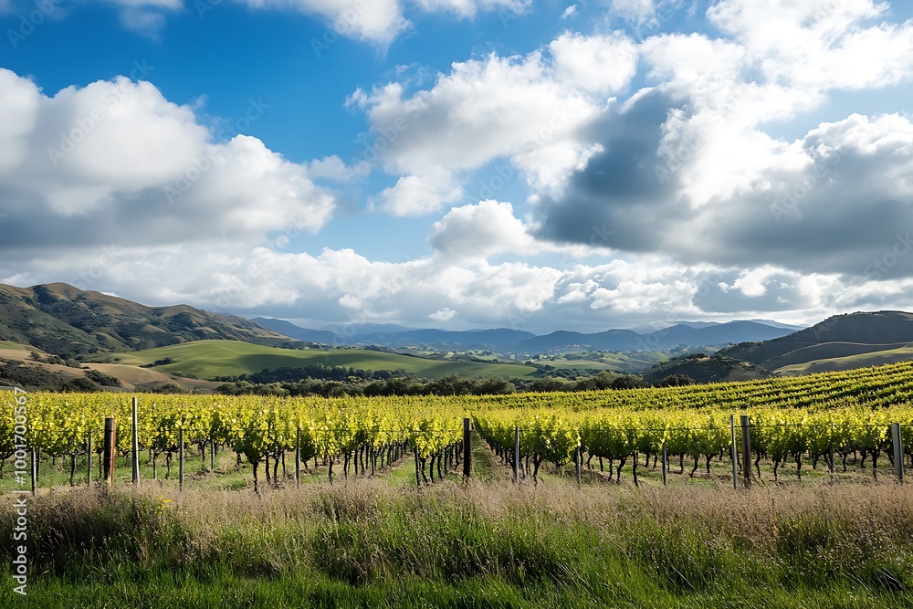 Vineyard Landscape with Rolling Hills, Blue Sky, and Fluffy Clouds Vineyard Landscape with Rolling Hills, Blue Sky, and Fluffy Clouds