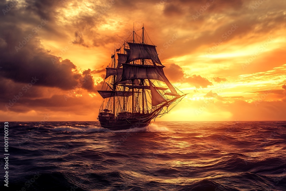 Obraz premium Sailing Ship at Sunset on the Ocean