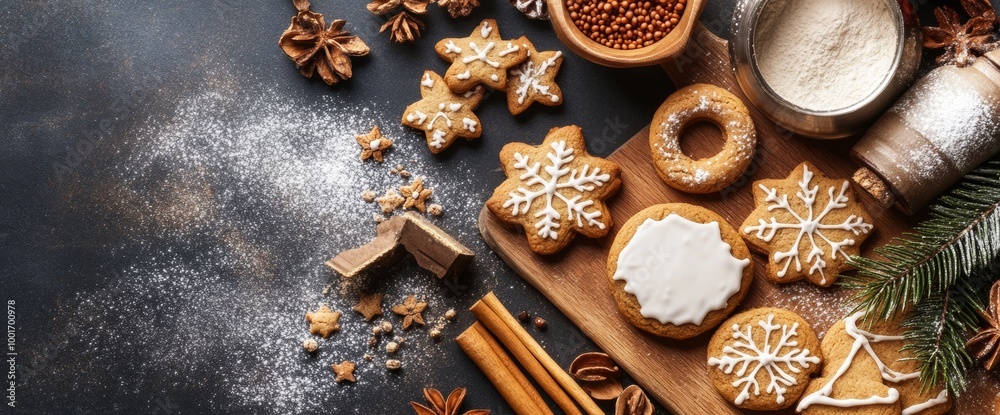 Festive holiday cookies decorated with icing and spices on a wooden platter, surrounded by baking ingredients and festive decor. With copy space for text. Wide web banner. Festive holiday cookies decorated with icing and spices on a wooden platter, surrounded by baking ingredients and festive decor. With copy space for text. Wide web banner.