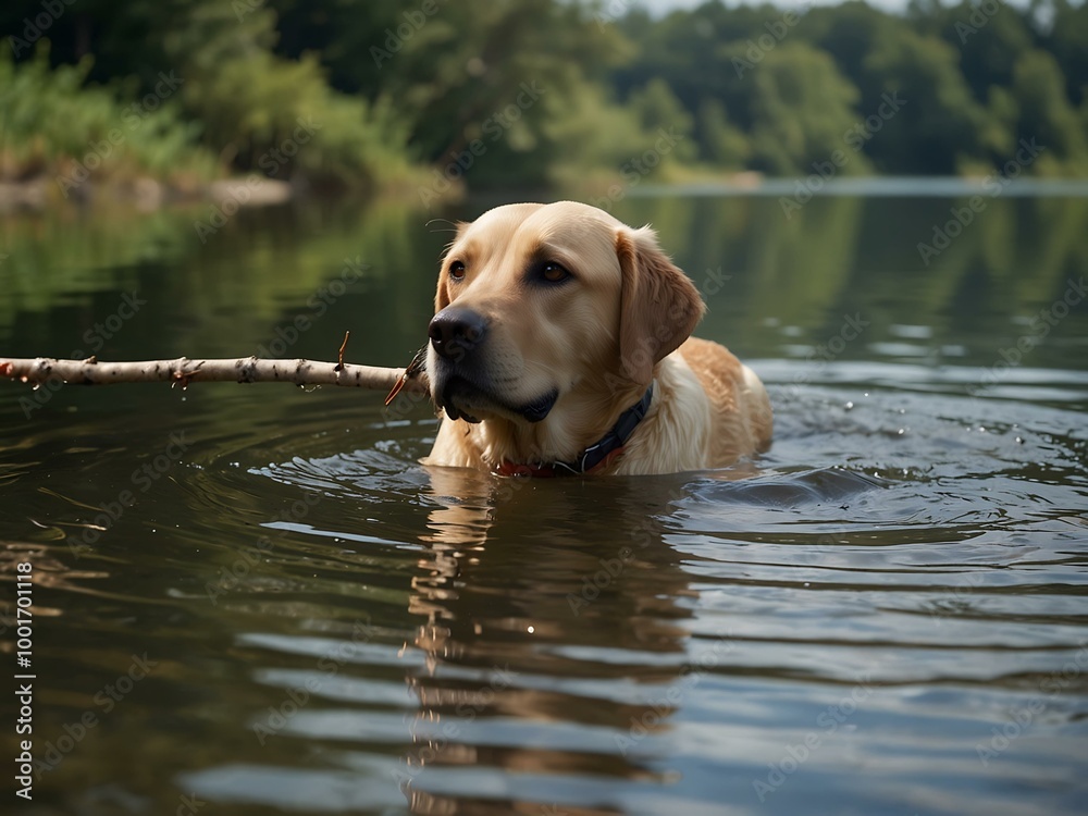 Labrador dog swimming with a stick in a lake. Labrador dog swimming with a stick in a lake.