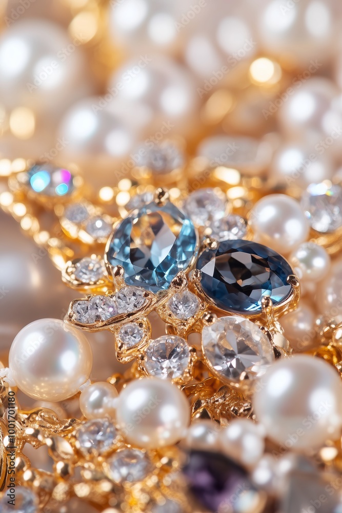 pile of gold luxury jewellery with gem stones and pearls, close up pile of gold luxury jewellery with gem stones and pearls, close up