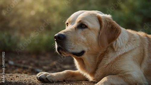 Labrador Retriever resting against a soft background for pet lovers.