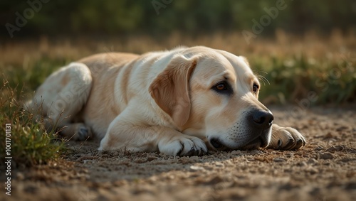 Labrador Retriever resting against a soft background for pet lovers.