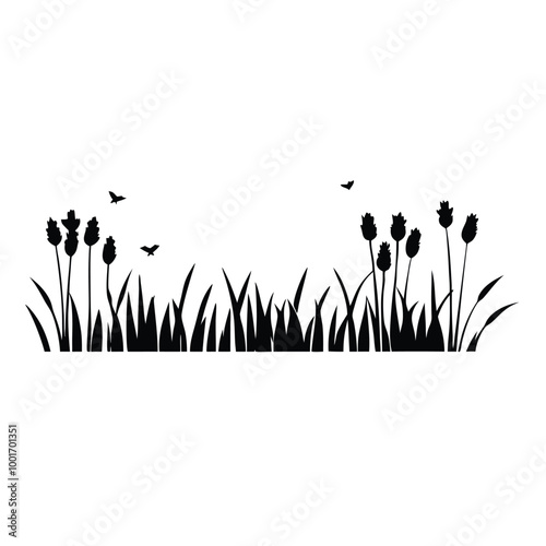 a black and white illustration of a field of tall grass and wildflowers. The grass is outlined in black and the flowers are in various shades of pink, purple, and white 
