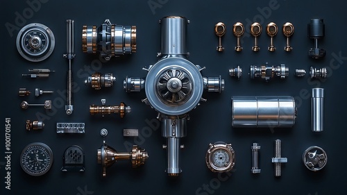Disassembled Mechanical Engine Parts Arranged on a Dark Surface