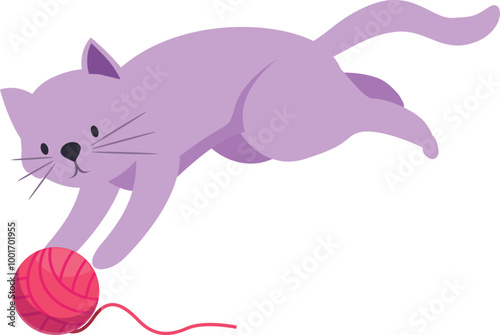Cute cartoon purple cat jumping and catching a red yarn ball in a playful manner