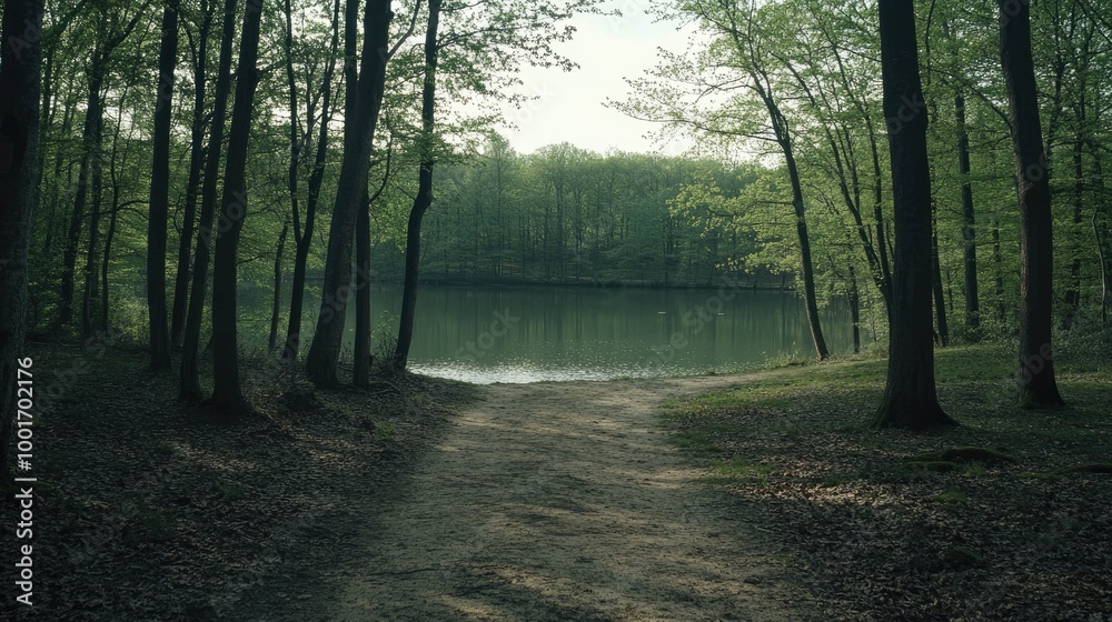 A dirt path leads to a tranquil lake surrounded by lush green trees in a forest.