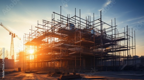 A construction site with a building framework silhouetted against a setting sun, evoking progress and the dawn of new beginnings.