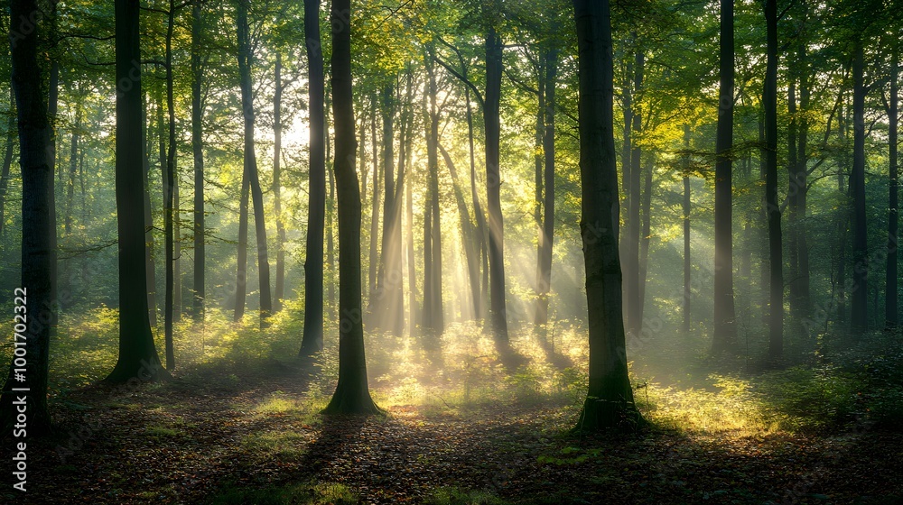 Obraz premium A serene forest landscape with tall trees and dappled sunlight filtering through the leaves, creating intricate patterns on the ground