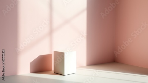 Minimalist scene of a simple white cube in a pastel pink room with soft shadows cast by natural light, creating a calm and serene ambiance.