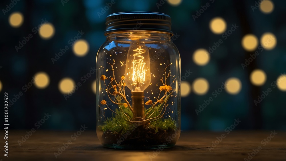 Light bulb submerged in a jar of fireflies, casting a magical glow. Light bulb submerged in a jar of fireflies, casting a magical glow.