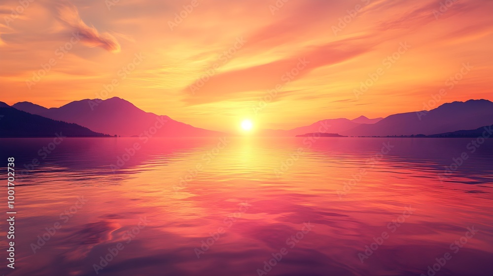 Fototapeta premium A vibrant sunset over a calm lake, reflecting hues of orange and pink on the water's surface, ideal for peaceful moments