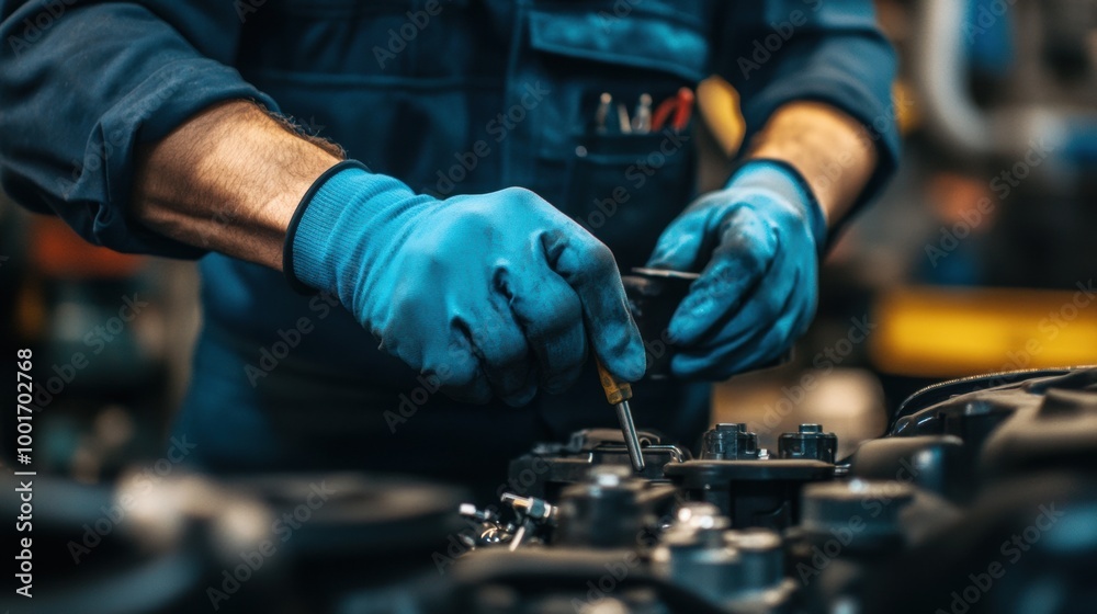 Mechanic working on engine components in a busy workshop Mechanic working on engine components in a busy workshop