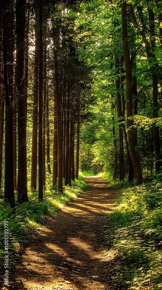 Fototapeta premium A dense forest path surrounded by towering trees and dappled sunlight filtering through the leaves, inviting exploration