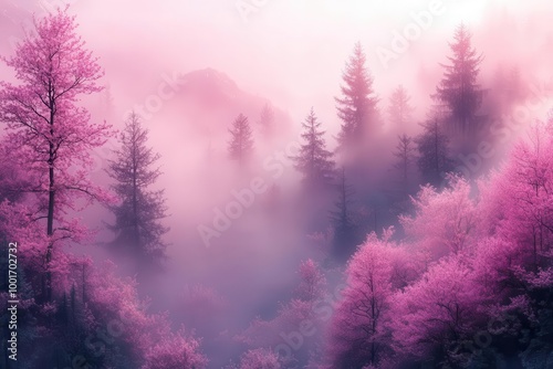 enchanting misty morning filled with soft pink and purple pastel hues creating a dreamy wallpaper background that inspires tranquility and wonder