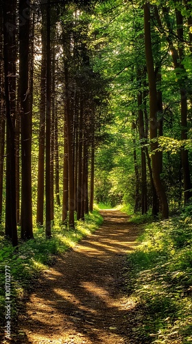 Wallpaper Mural A dense forest path surrounded by towering trees and dappled sunlight filtering through the leaves, inviting exploration Torontodigital.ca