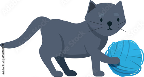 Cartoon grey cat playing with blue ball of yarn, isolated on white background