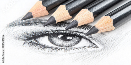 Graphite pencils laying on portrait sketch drawn by artist photo