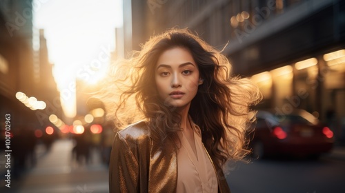 A confident woman in a golden jacket poses with flowing hair in the city streets at sunset, exuding elegance and urban chic.