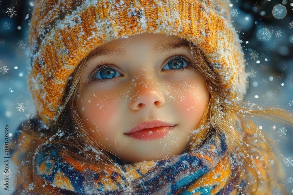 endearing child with a joyful smile bundled up in a cozy hat and jacket surrounded by swirling snowflakes capturing the magic of winter holidays and the joy of the season endearing child with a joyful smile bundled up in a cozy hat and jacket surrounded by swirling snowflakes capturing the magic of winter holidays and the joy of the season