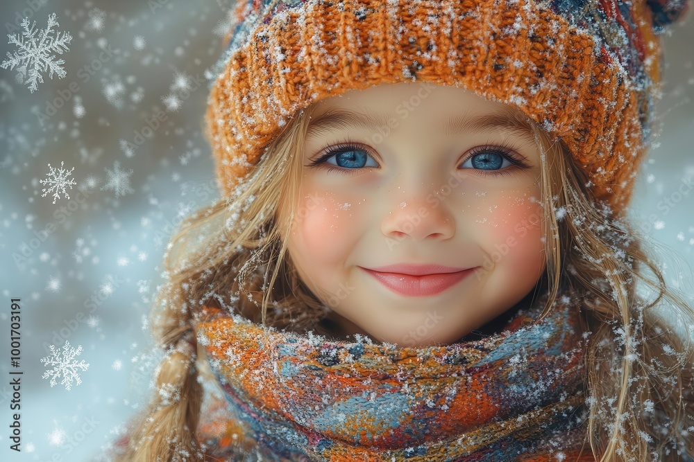 endearing child with a joyful smile bundled up in a cozy hat and jacket surrounded by swirling snowflakes capturing the magic of winter holidays and the joy of the season endearing child with a joyful smile bundled up in a cozy hat and jacket surrounded by swirling snowflakes capturing the magic of winter holidays and the joy of the season