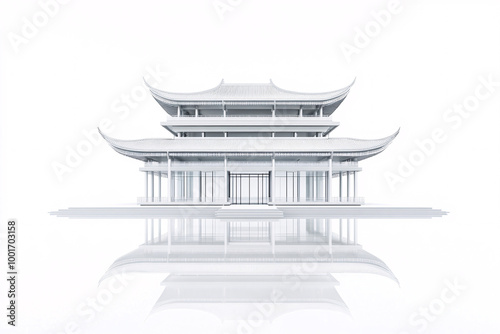 A symmetrical white pagoda reflected on a glossy surface, featuring clean architectural lines, traditional curved roofs, and minimalistic design 