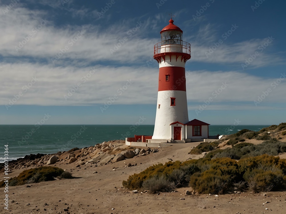 Lighthouse at Cerro Avanzado Beach, Puerto Madryn, Argentina.